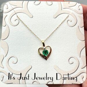 Womens Necklace 10K Yellow Gold Green Emerald Diamond Heart Pendant Gift Idea